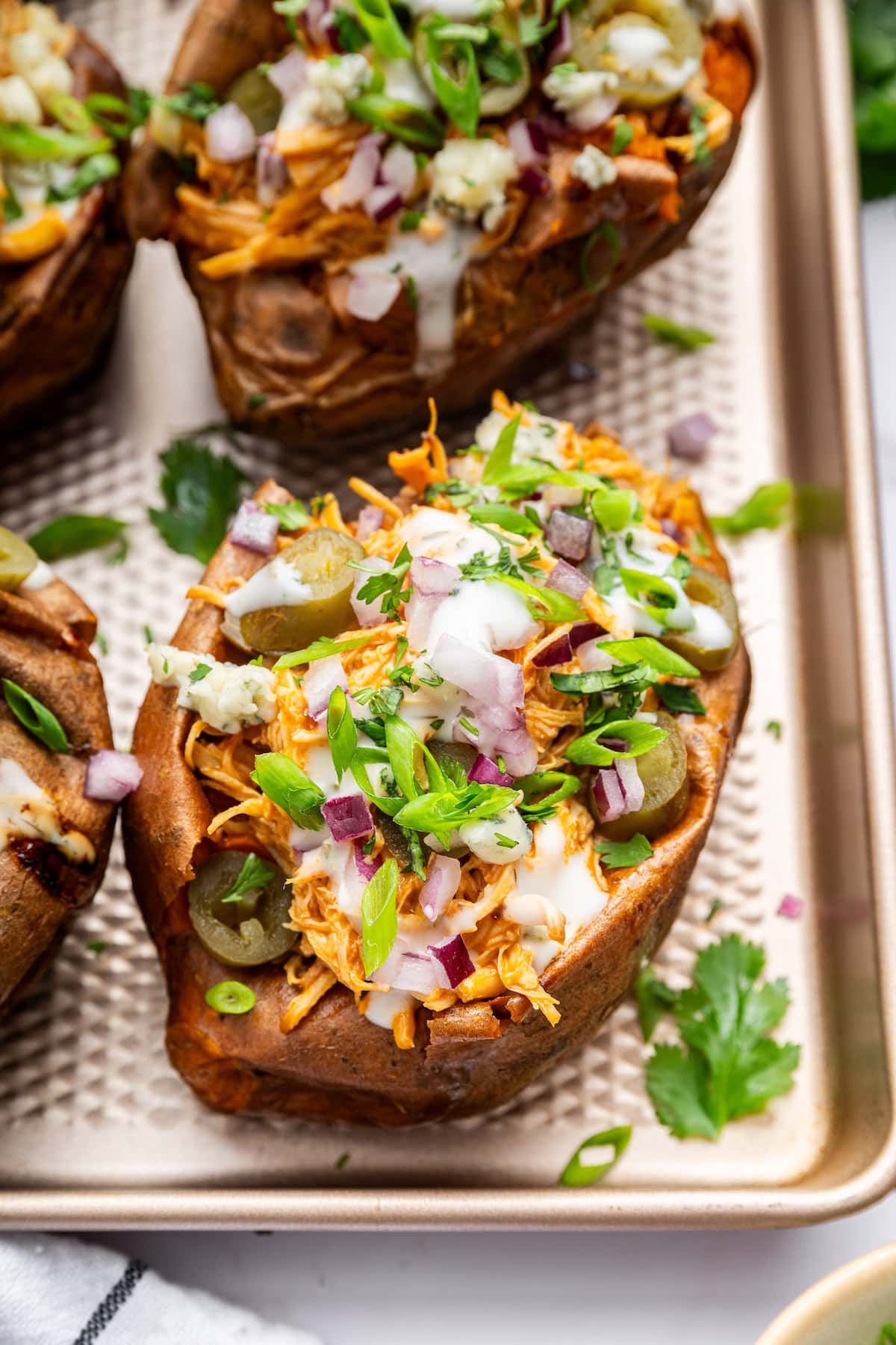 Buffalo Chicken Stuffed Sweet Potatoes
