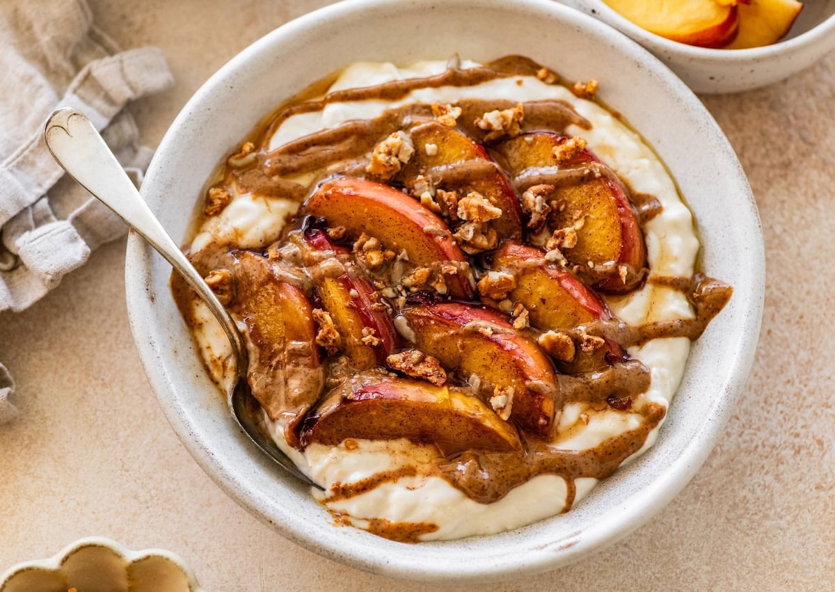 High-Protein Peach Crisp Yogurt Bowl (35g Protein!)