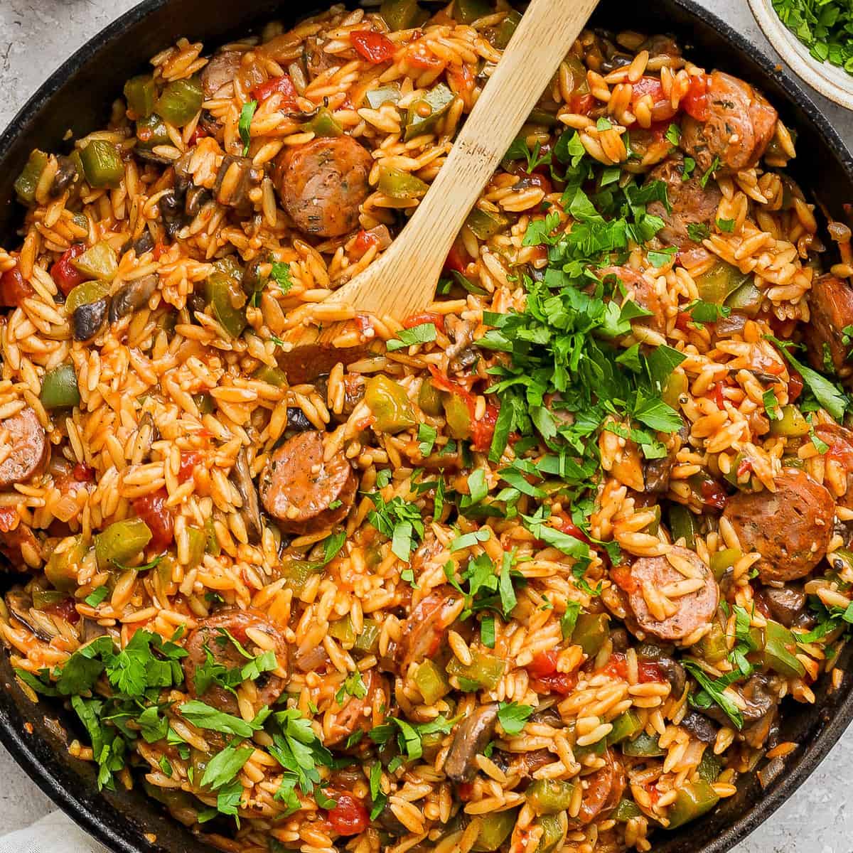 One-Pan Orzo and Chicken Sausage prepared for meal prep