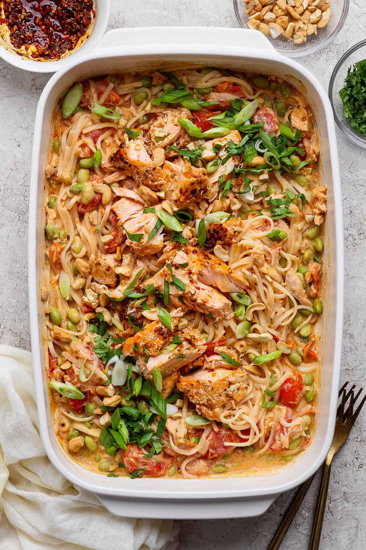 Salmon Noodle Casserole (with Chili Crunch & Boursin!) prepared for meal prep